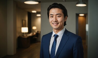 Fototapeta premium Portrait of smiling Japanese businessman in a blue suit inside a modern office