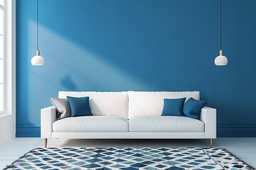 Modern living room interior with blue sofa, elegant decor, and natural light through window