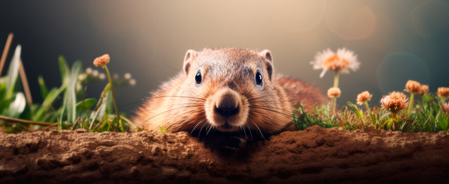 Curious groundhog emerges from burrow amidst a field of blooming flowers, looks at the camera, capturing nature's wonder and spring arrival