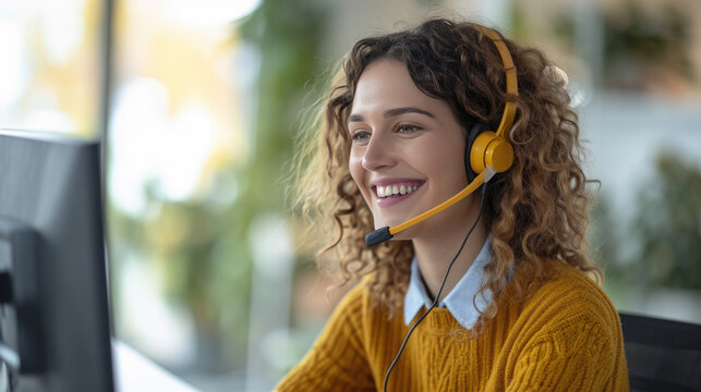 Young woman wearing a yellow cardigan and a white shirt, with curly hair, smiling and wearing a headset, representing a customer service representative or a call center operator. - Powered by Adobe