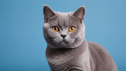 portrait of a british shorthair cat on light blue background. copy space, front advertising shot. - obrazy, fototapety, plakaty
