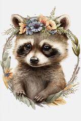 Beautiful watercolor raccoon baby portrait, great design with flowers crown. Cute wildlife animal cartoon drawing Poster design raccoon Isolated white background. include "Generative AI"	