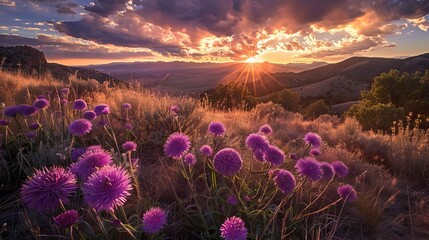 Vibrant sunset scene: wind-blown purple asters amidst northern new mexico's landscape