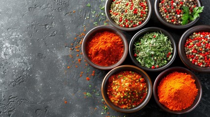 Artistic spice palette with various spices in small containers for culinary inspiration