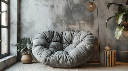 Grey snuggle chair against stucco wall. Home interior design of modern living room.