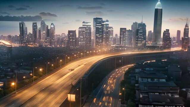 night scene of the shanghai skyline with car light trails on the road, Night cityscape with bilding and road in Beijing city, AI Generated