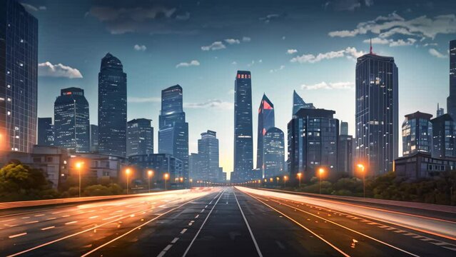 Night scene of modern city with road and light trails. 3d rendering, Night cityscape with bilding and road in Beijing city, AI Generated