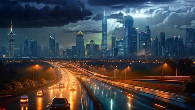 Night traffic on the highway in shanghai china. 3d rendering, Night cityscape with bilding and road in Beijing city, AI Generated