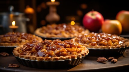 Tasty apple tartlets with caramelized apples and pecans - obrazy, fototapety, plakaty
