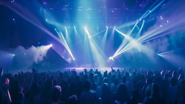 Concert crowd in front of bright stage lights at a music festival, night club under blue rays beam and young people holding light enjoying at concert concept, AI Genera