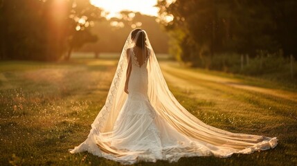 a beautiful bride wearing a long veil, standing in a big lawn, sunset lighting, ultra clear face details, veil touching the ground.