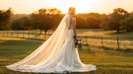 a beautiful bride wearing a long veil, standing in a big lawn, sunset lighting, ultra clear face details, veil touching the ground.