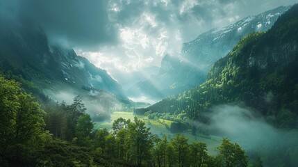 a beautiful scenic valley with mountains, trees clouds, and shimmering light in an oil painting...