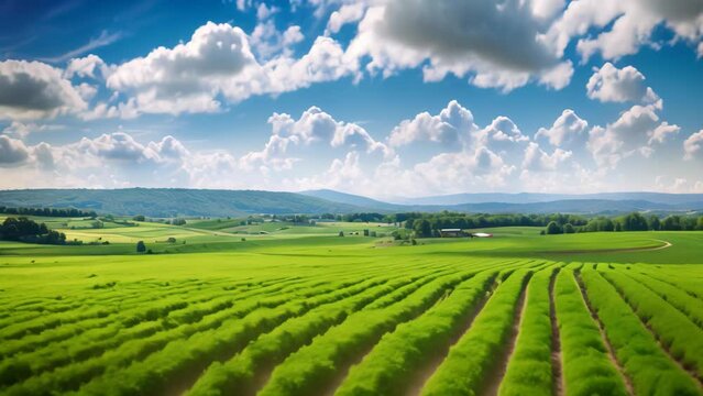Agriculture in Tuscany, Italy. Green field and blue sky, Panoramic photo of a beautiful agricultural view with pepper and leek plantations, AI Generated