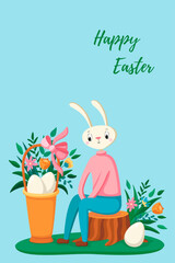 Happy easter. Hare, rabbit, eggs, flowers. Easter concept. Template for card, poster, banner, paper, textile. Vector illustration in modern style.