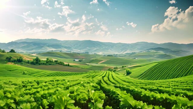 Green cotton field in the mountains. Agricultural landscape. Agricultural industry, Panoramic photo of a beautiful agricultural view with pepper and leek plantations, AI Generated