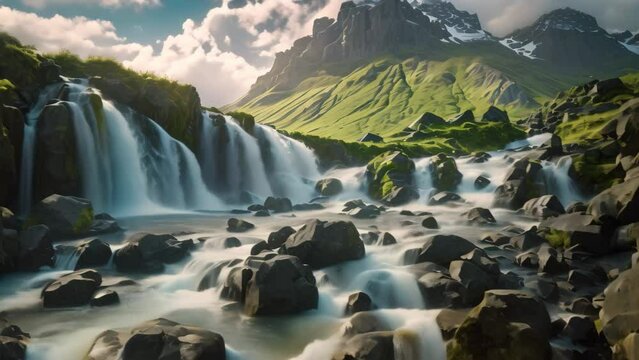 Beautiful summer landscape with mountain waterfall. Iceland, Europe. Beauty world, Perfect view of famous powerful Gljufrabui cascade in sunlight. Dramatic and gorgeous, AI Generated