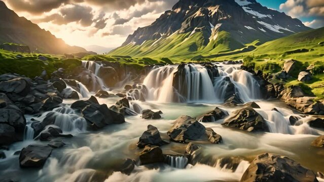 Mountain landscape with waterfalls in Iceland, Europe. Beautiful nature background, Perfect view of famous powerful Gljufrabui cascade in sunlight. Dramatic and gorgeous scene, AI Generated