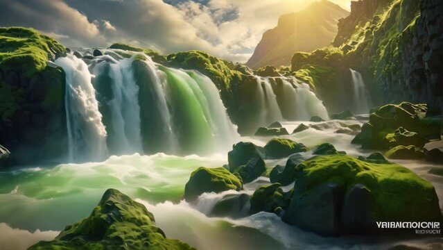 Skogafoss waterfall in Iceland, Europe. Artistic style post processed photo, Perfect view of famous powerful Gljufrabui cascade in sunlight. Dramatic and gorgeous scene. Unique, AI Generated