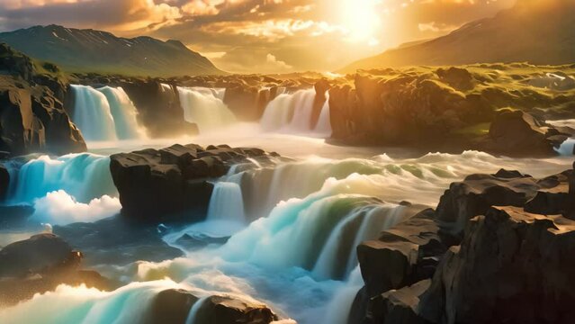 Godafoss waterfall in Iceland, Europe. Dramatic scene. Beauty world, Perfect view of famous powerful Gljufrabui cascade in sunlight. Dramatic and gorgeous scene. Unique place on earth, AI Generated