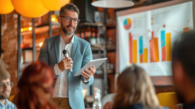 Confident businessman delivering a presentation consulting training persuading employees client group, mentor leader explain graph strategy at team meeting workshop