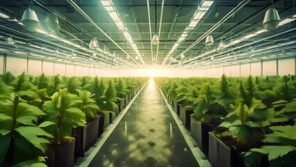 Blooming Cannabis Plantation in a Modern Greenhouse. Horizontal Image, Professional long and wide indoor hemp plantation in a modern industrial large hall, AI Generated