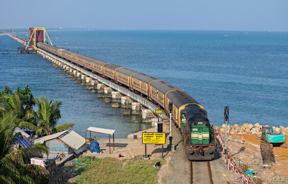 Rameswaram, Tamil Nadu, India- January 29th, 2020: Indian Railways passenger train has crossed historical , 2 kms long Pamban sea bridge.