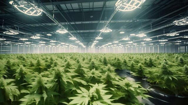 Cannabis cultivation in the field. Cultivation of medical marijuana. Indoor cultivation, Professional long and wide indoor hemp plantation in a modern industrial large hall, AI Generated