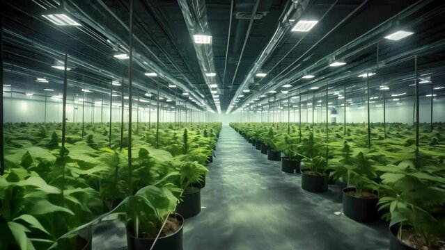 3D render of a greenhouse with ferns growing in it, Professional long and wide indoor hemp plantation in a modern industrial large hall, AI Generated