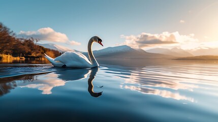 Swan's Ballet: Capturing the Elegance of a Swan Gracefully Gliding on Water.
 - obrazy, fototapety, plakaty