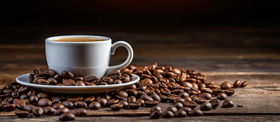 Papier Peint photo Lavable Bar a café Rich Aroma of Coffee Beans and Steaming Cup on Rustic Wooden Table