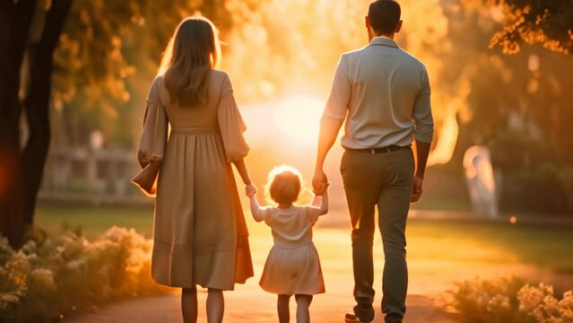Happy family walking in the park at sunset. Mother, father and little daughter, rear view of Parents hold the baby's hands. Happy family in the park evening, AI Generated