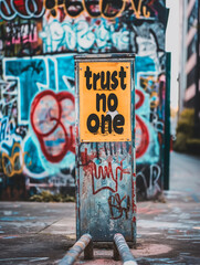 Fototapeta na wymiar Graffiti-covered sign with phrase trust no one in urban setting