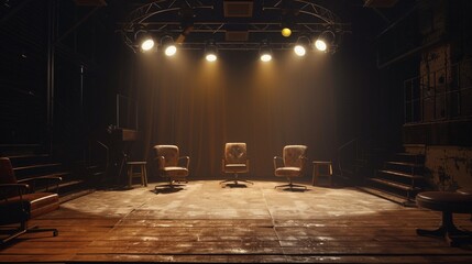 A dark stage with spotlights shining on four chairs, a wooden chair, an office chair,