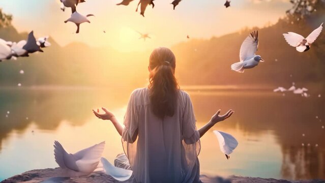 Young woman meditating in lotus position with seagulls flying around her at sunset, rear view of woman praying and free bird and enjoying nature, AI Generated