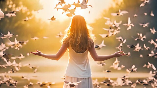 Young woman with open arms in front of flock of birds at sunset, rear view of woman praying and free bird and enjoying nature, AI Generated