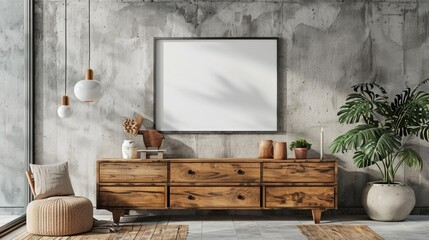 The wooden dresser against the concrete wall. Generative Ai