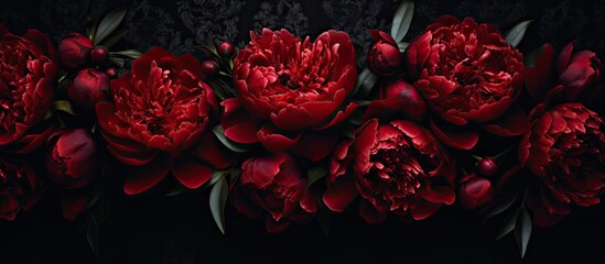 Elegant Dark Background Adorned with Vibrant Red Flowers and Lush Leaves