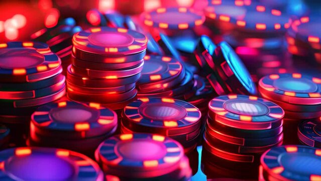 Stacks of red casino chips on black background. 3d illustration, Red blue casino chips in neon shades, AI Generated