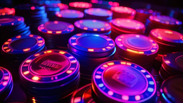 Poker chips on dark background. Casino concept. 3D Rendering, Red blue casino chips in neon shades, AI Generated