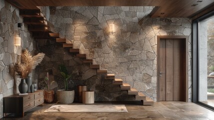 Fototapeta na wymiar Rustic wooden staircase with stone cladding wall. Generative Ai