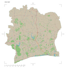 Ivory Coast shape isolated on white. OSM Topographic German style map