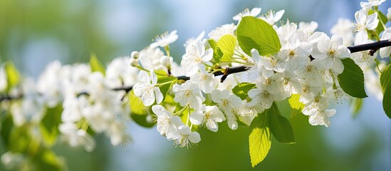Delicate Blossoms Adorn a Tree Branch in Full Bloom, Springtime Beauty in Nature