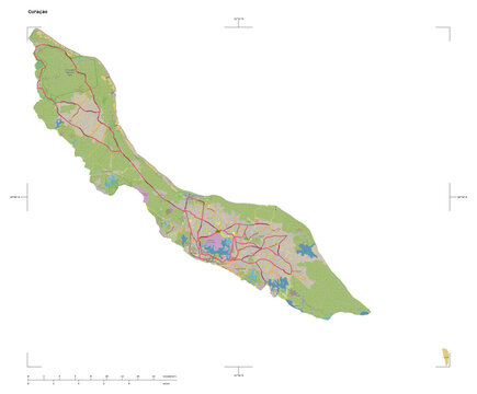 Cura&ccedil;ao shape isolated on white. OSM Topographic German style map