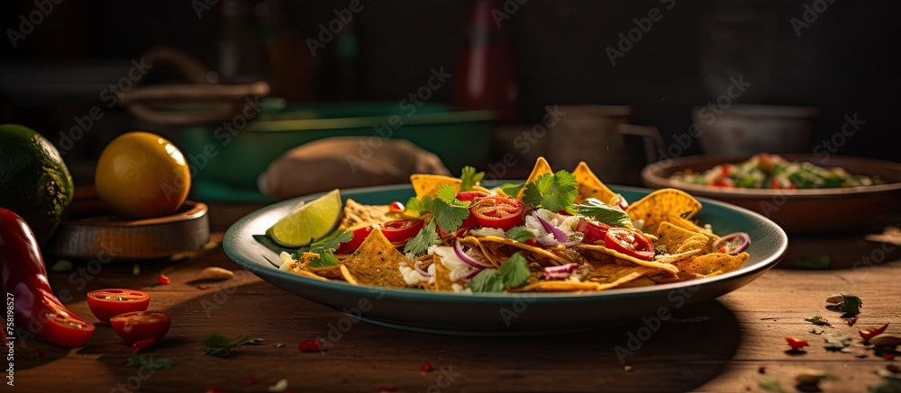 Poster savory cuisine displayed in a rustic bowl placed on a wooden table setting