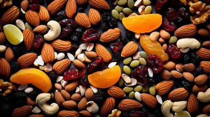 Mix of nuts and dried fruits on a dark background. Top view.