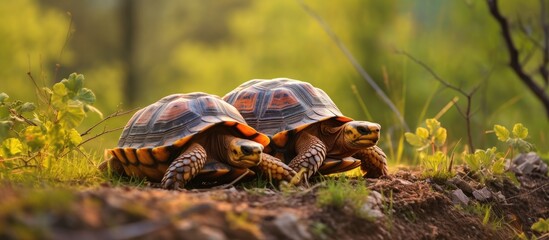Cute Unlikely Friendship Between Two Majestic Turtles on the Leafy Forest Floor - obrazy, fototapety, plakaty