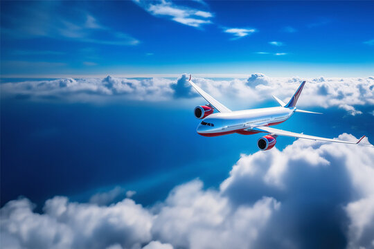Airplane is flying over the beautiful clouds. Landscape with passenger airplane in low clouds, blue sky. aircraft. Business travel. Commercial plane. Aerial view. Place for text banner. Copy space
