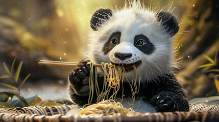 Whimsical Art of A cute panda cub clumsily attempting to eat noodles with chopsticks.