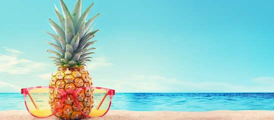 Tropical Delight: Fresh Pineapple Enjoyed on Sunny Beach Vacation Paradise - obrazy, fototapety, plakaty